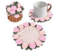 Fnaobai Handmade Crochet Coaster Set with Mini Basket -Boho Floral Coasters for Coffee Table Wedding Gift Housewarming, Birthday Vintage Rose Design (pink)