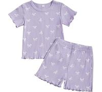 Fnaobai Toddler Baby Girl Summer Clothes Ruffle Ribbed Knit Short Sleeves Cute Bow T Shirt Tops and Shorts Outfit
