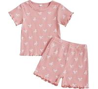 Fnaobai Toddler Baby Girl Summer Clothes Ruffle Ribbed Knit Short Sleeves Cute Bow T Shirt Tops and Shorts Outfit