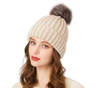 Fnaobai Women's Winter Beanie Hat Warm Knitted Pom Pom for Girls Soft Soild Color Snow Cap for Cold Weather Outdoor Activities (UK, Alpha, One Size, Beige)
