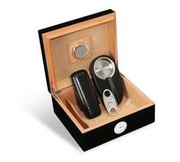 FNDWJ Cigar Cutter Wood Humidor Box Ashtray Spanish Cedar Leather Case Travel Desktop Storage Holder Manual Tobacco Accessory Kit(Black)