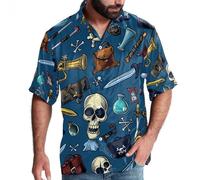 FNETJXF Hawaiian Shirt, Short Sleeve Shirts for Men, Womens Hawaiian Shirt, Nautical Skull Sailing Parrot Cartoon Vintage