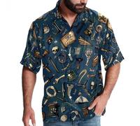 FNETJXF Hawaiian Shirts, Short Sleeve Button Down Men, Womens Hawaiian Shirt, Nautical Skull Sailing Parrot Cartoon Vintage