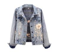 Fnfmrfmr Women’S Denim Jacket Long Sleeve Ripped Button Overcoat Embroidered Pearls Beading Jeans Coat Blue L