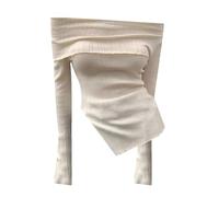 Fnfmrfmr Women Slash Neck Knit Sweater Long Sleeve Black Sexy Irregular Split Hem Pullover Sweaters Apricot S