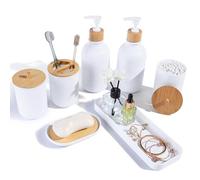 FNGJMJG Matte White Bathroom Accessories Set 7 Pcs,Bamboo Bathroom Accessories Sets,White Soap Dispenser and Toothbrush Holder Set,Qtip Holder,Vanity Tray,Soap Dish,Modern Bathroom Decor