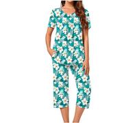 FNKDOR 3/4 Shorts for Women UK Pajamas 2 Two-Piece Set V Neck Short Sleeve Shirt and Capri Pants Tracksuits Drawstring Home Sleepwear Set Cropped Pants Comfy Yoga Shorts with Pocket(C Green,XL)
