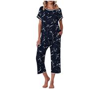 FNKDOR 3/4 Shorts for Women UK Pajamas 2 Two-Piece Set V Neck Short Sleeve Shirt and Capri Pants Tracksuits Drawstring Home Sleepwear Set Cropped Pants Comfy Yoga Shorts with Pocket(D Purple,XXL)