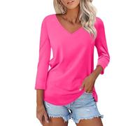 FNKDOR 3/4 Sleeve T Shirts for Women UK V Neck Casual Loose Tunic Tops Black T Shirts Womens Blouse Ladies Longline Long Tops to Wear with Leggings Summer Spring Comfy Baggy Tee (A1-Hot Pink, L)