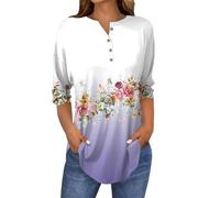 FNKDOR 3/4 Sleeve Tops for Women UK Boho Floral Print Tee Shirts V Neck Button Down Summer Basic Streetwear Elegant Pleated Longline Casual Flowy Tunic Blouse Long Tops to Wear with (A2-Purple, L)