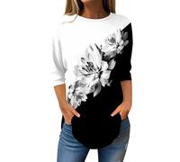 FNKDOR 3/4 Sleeve Tops for Women UK Longline Floral Print Comfy Tshirts Ladies Spring Summer Basic Tee Shirs Plain V Neck Leisure Plus Size Longshirt Blouse Long Tops to Wear with Leggings