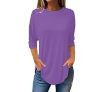 FNKDOR 3/4 Sleeve Tops for Women UK Plus Size S-5XL Summer Breathable Basic Blouse Ladies Longline Crew Neck Pleated Tunic Top Plain Flroal Print Long Tops to Wear with Leggings (A1-Purple, XL)