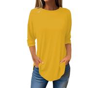 FNKDOR 3/4 Sleeve Tops for Women UK Plus Size S-5XL Summer Breathable Basic Blouse Ladies Longline Crew Neck Pleated Tunic Top Plain Flroal Print Long Tops to Wear with Leggings (A1-Yellow, XXXXXL)