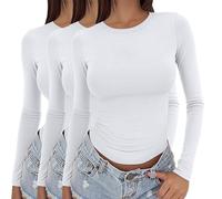 FNKDOR 3 Pack Womens Long Sleeve Top Summer Crop Tops Slim fit Top Crew Neck Long Sleeve Tight T-Shirt Basic Blouse Multipack Cute Black White Going Out Crop Tops (White, L)