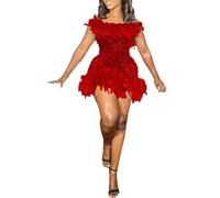 FNKDOR Black Tie Dresses for Women UK Women's Sequin Feather Double Shoulder Short Slim Fit Carnival Sparkling Dress Lace Carnival Festival Wedding Dress Plus Size Party Dresses for Women(A1-Red,XXL)