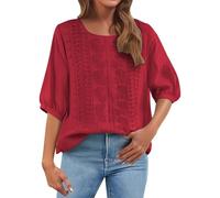 FNKDOR Boho Embroidered Tops for Women Boho Blouses Ladies Cotton Linen Tunic Tops Summer Short Sleeve Crew Neck Bohemian Shirts Loose Dressy Casual Work Daily Top (A1-Red, XXL)