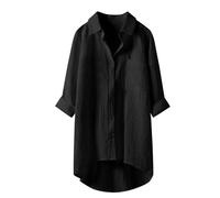 FNKDOR Button Down Shirts for Women UK Lightweight Linen Cotton Blouse with Pocket Oversized Solid Color Tee Shirt Casual Loose Fit Long Sleeve Tunic Tops for Daily Vacation Office (A1-Black, XXL)