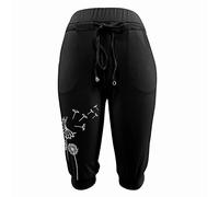 FNKDOR Capri Trousers Women's 3/4 Cargo Shorts Ladies Solid Color Sports Yoga Sports Active High Waist Draw Rope Drawstring Waist Cropped Trousers Beach Shorts with Pockets(A Black,3XL)