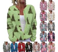 FNKDOR Christmas Cardigans for Women UK Plus Size Cuffs Ribbed Knit Cropped Cardigan Sweater 3D Santa Claus Cartoon Printing Long Sleeves Funny Xmas Tree Print Button Knitwear(A3-Green,3XL)