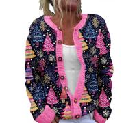 FNKDOR Christmas Cardigans for Women UK Plus Size Cuffs Ribbed Knit Cropped Cardigan Sweater 3D Santa Claus Cartoon Printing Long Sleeves Funny Xmas Tree Print Button Knitwear(A4-Black,5XL)