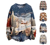 FNKDOR Christmas Women Jumper Rough Knitted Sweater Sleeping Little Fox Artistic Round Neck Fashion Retro Pullover Art Printed Ladies Sweatshirts for Women UK Athletic Wear No Hood(A8-Blue,4XL)