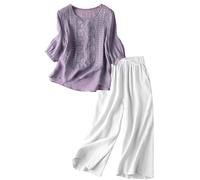 FNKDOR Cotton Linen Sets for Women Casual Embroidered Top and Drawstring Elasticated Waist Wide Leg Trousers for Women UK Two Piece Set Summer Beach Lounge Homewear Sets Tracksuits(Purple,3XL)