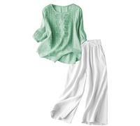 FNKDOR Cotton Linen Sets for Women Casual Embroidered Top and Drawstring Elasticated Waist Wide Leg Trousers for Women UK Two Piece Set Summer Beach Lounge Homewear Sets Tracksuits(Light Green,3XL)