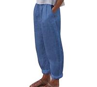 FNKDOR Cotton Linen Trousers Womens Straight Casual Pants High Elastic Waist Drawstring Pants Work Business Pants Ladies Solid Color Lightweight Summer Beach Pants with Pockets(Blue,XL)
