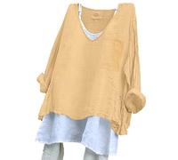 FNKDOR Cotton Linen Tunic Tops for Women UK Plus Size UK White Beach Cover Up Long Sleeve Roll-Up T Shirt Lightweight Breathable Cheesecloth Blouse Long Tops to Wear with Leggings (A1-Khaki, XXXL)