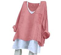 FNKDOR Cotton Linen Tunic Tops for Women UK Plus Size UK White Beach Cover Up Long Sleeve Roll-Up T Shirt Lightweight Breathable Cheesecloth Blouse Long Tops to Wear with Leggings (A1-Pink, XL)