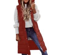FNKDOR Gilet for Women UK Long Hem Gilet Jacket Winter Warm Coat with Hooded Pockets Body Warmers for Woman Zip Quilted Vest Sleeveless Waistcoat for Ladies Gilets Bodywarmers(A1 Red,5XL)