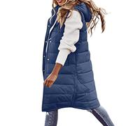FNKDOR Gilet for Women UK Long Hem Gilet Jacket Winter Warm Coat with Hooded Pockets Body Warmers for Woman Zip Quilted Vest Sleeveless Waistcoat for Ladies Gilets Bodywarmers(A4 Navy,3XL)