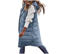 FNKDOR Gilet for Women UK Long Hem Gilet Jacket Winter Warm Coat with Hooded Pockets Body Warmers for Woman Zip Quilted Vest Sleeveless Waistcoat for Ladies Gilets Bodywarmers(A4 Blue,S)