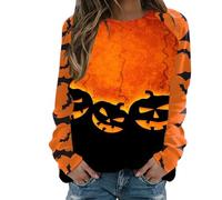 FNKDOR Halloween Women's Sweatshirts O Neck Printing Daily Cute Sweater Top Ghost Pumpkin Graphic Print Long Sleeve Blouse Summer Autumn Comfy Jumper Outfits(A5-Khaki,XXL)