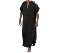 FNKDOR Kaftan Mens Short Sleeve Thobe for Men Side Split Abaya Long Gown V Neck Cotton Linen Muslim Robe with Pocket Loose Casual Tunic Mens Linen Shirts Summer Beach Shirts(Black,M)