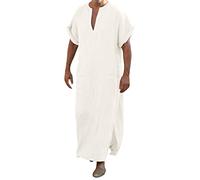 FNKDOR Kaftan Mens Short Sleeve Thobe for Men Side Split Abaya Long Gown V Neck Cotton Linen Muslim Robe with Pocket Loose Casual Tunic Mens Linen Shirts Summer Beach Shirts(White,S)