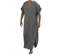 FNKDOR Kaftan Mens Short Sleeve Thobe for Men Side Split Abaya Long Gown V Neck Cotton Linen Muslim Robe with Pocket Loose Casual Tunic Mens Linen Shirts Summer Beach Shirts(Dark Gray,M)