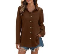 FNKDOR Linen Shirt Women Button Down T Shirts Solid Color Plus Size S-5XL Blouse Long Sleeve Lapel Neck Tee Shirts Casual Baggy Tunic Tops Oversized Fashion Smart Tops Longline Streetwear Brown
