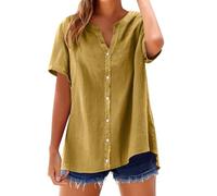 FNKDOR Linen Tops for Women UK Button Down Tunic Tops Plus Size S-5XL Summer Short Sleeve Breathable Tee Loose V-Neck Tee Shirts Ladies Lightweight T-Shirt for Vacation Blouse Daily (Yellow, XXXXXL)