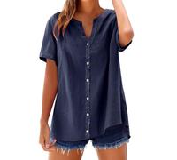 FNKDOR Linen Tops for Women UK Button Down Tunic Tops Plus Size S-5XL Summer Short Sleeve Breathable Tee Loose V-Neck Tee Shirts Ladies Lightweight T-Shirt for Vacation Blouse Daily (Navy, XXXXL)