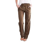 FNKDOR Linen Trousers Womens Straight Solid Elastic Pants Long Drawstring Lightweight Comfy Trousers Cotton Casual Pants Wide Leg Plus Size Sweatpants Petite with Pockets(A Brown,M)