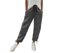 FNKDOR Linen Trousers Womens Tapered Trouser Legs Pants High Waisted Work Business Drawstring Straight Ladies Summer Stretch Elasticated Waist Full Length Cotton Bottom with Pocket(Dark Gray,XL)