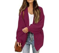 FNKDOR Longline Chunky Knit Cardigan for Women UK Women's Open Front Sweater Long Lantern Sleeve Knitwear Oversized Ribbed Thermal Winter Thick Warm Outerwear Knited Jackets with Pockets (Red, XL)