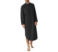 FNKDOR Mens Nightshirt Long Sleeve Thobe for Men Cotton Linen Muslim Robe Button Up Long Gown Loose Fit Casual Tunic Home Nightgown Abaya Lightweight Kaftan Nightdress Sleepwear(C Black,XL)