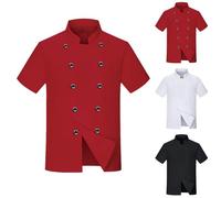 FNKDOR Mens Professional Chef Jacket Short Sleeve Chef Executive Classic Chef Coat Unisex Modern Fit WhiteBlack Grey Available with Cloth Covered Buttons Printed Top Sizes XS to 4XL(A3-Red,L)