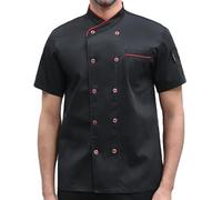 FNKDOR Mens Professional Chef Jacket Short Sleeve Chef Executive Classic Chef Coat Unisex Modern Fit WhiteBlack Grey Available with Cloth Covered Buttons Printed Top Sizes XS to 4XL(A4-Black,XL)
