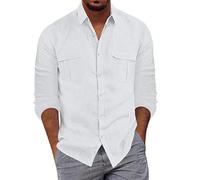 FNKDOR Men's Shirts Linen Cotton Casual Button Down Solid Color Long Sleeve T-Shirt Lightweight Summer Shirts with Pocket Long Lasting Comfort Top for Men Banded Collar Outdoor Blouse(White,XL)
