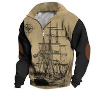 FNKDOR Men's Sweatshirts Sailboat Sailing Graphic Print Shirts Zipper V Neck Loose Casual Jumper Fall Plus Size S-5XL Sweaters no Hood for Mens UK Comfy Pullover Blouse(A2-Black,M)
