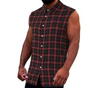 FNKDOR Men's Vest Muscle Fit Sleeveless Cut off Plaid Stripe Flannel Shirt Mens V Neck Tank Tops Casual Button Down Slim Fit Cowboy Shirts for Men Vest Shirts(A4-Red,L)