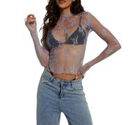 FNKDOR Mesh Tops for Women Mock Neck Long Sleeve Tops Sheer See Through Blouse Stretchy Y2K Top Slim Fit Lace Layering Basic Tee Shirts Going Out Top Party Clubwear with Thumb Hole(Purple,L)